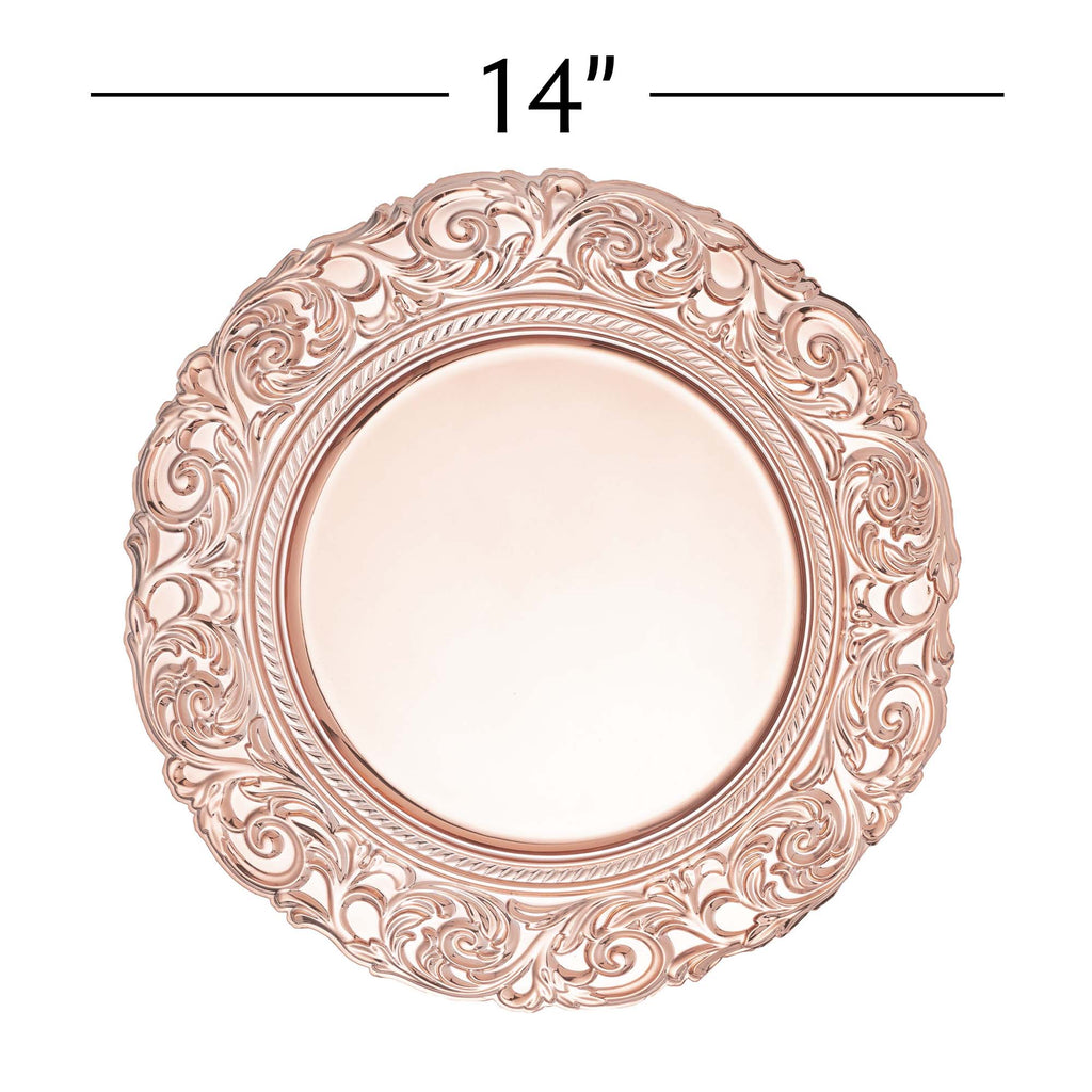 Baroque Plastic Charger Plate With Filigree Rim 14" - Rose Gold