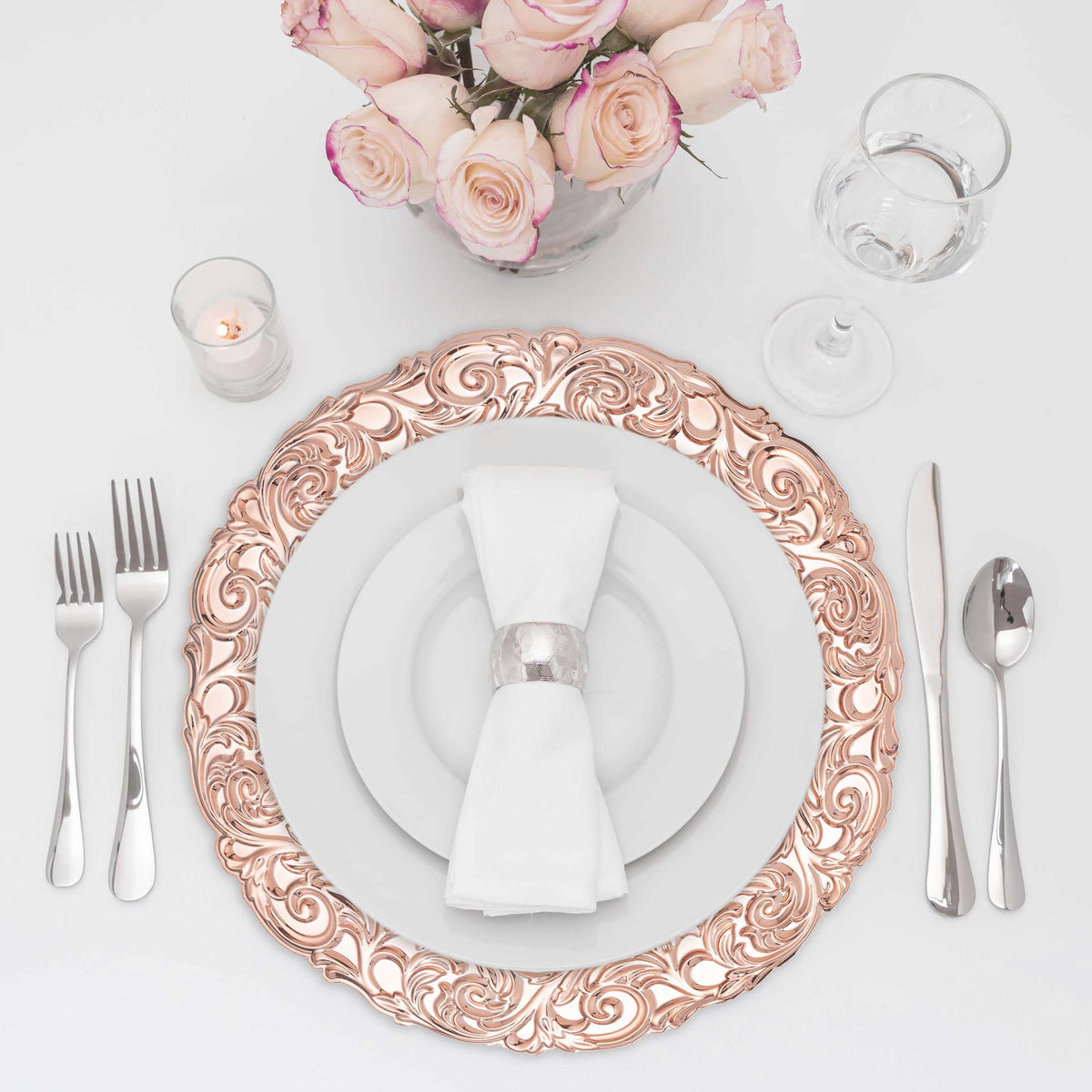 Baroque Plastic Charger Plate With Filigree Rim 14" - Rose Gold