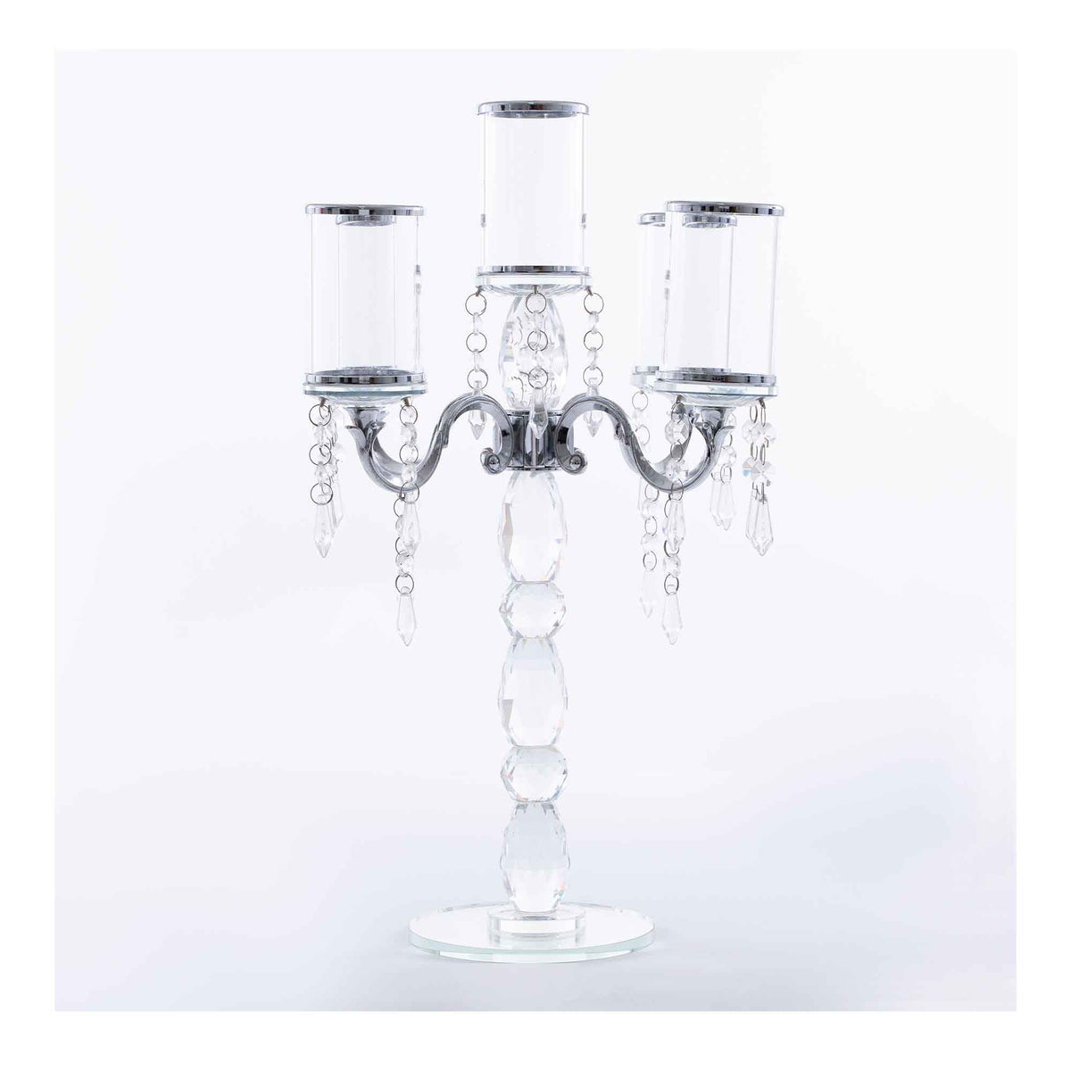 Crystal Candelabra 5 arm with Glass Cylinders 19.5" - Silver