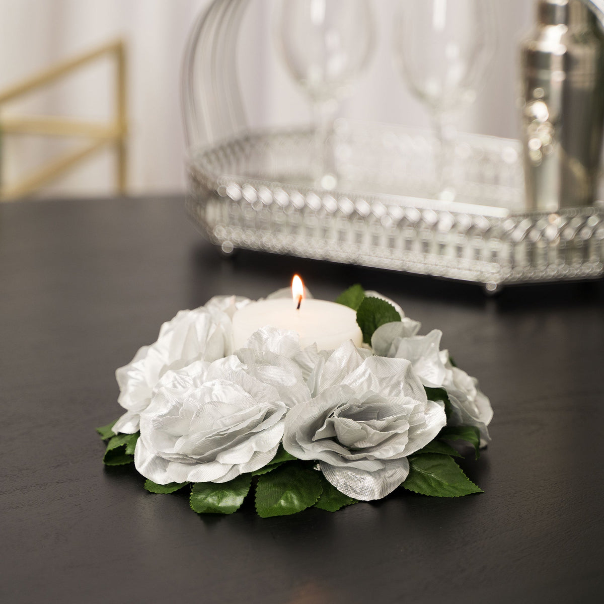 Fabric Flower Ring - Silver - Pack of 12