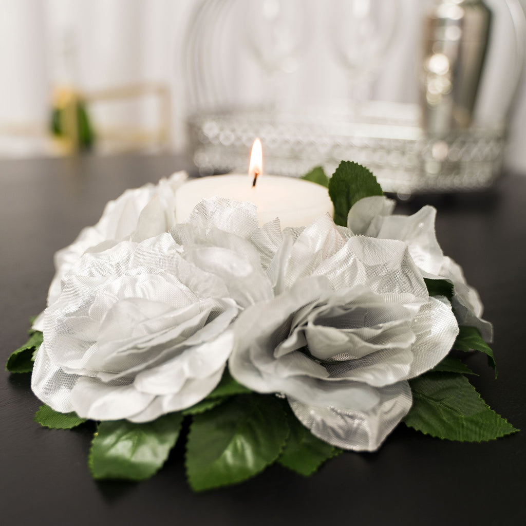 Fabric Flower Ring - Silver - Pack of 12