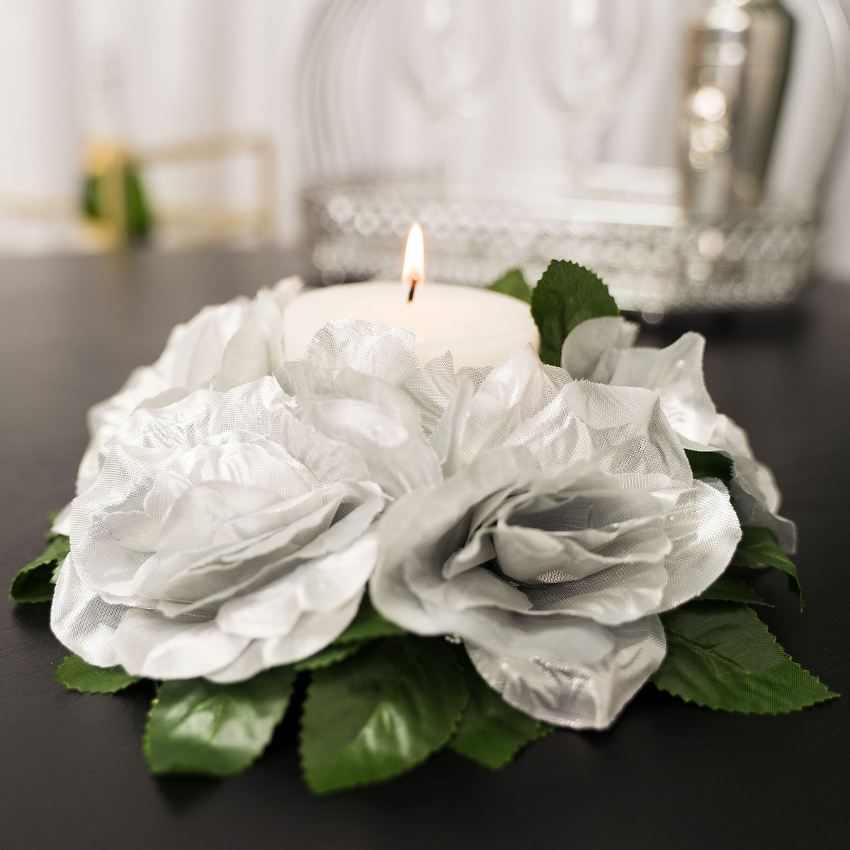 Fabric Flower Ring - Silver - Pack of 12