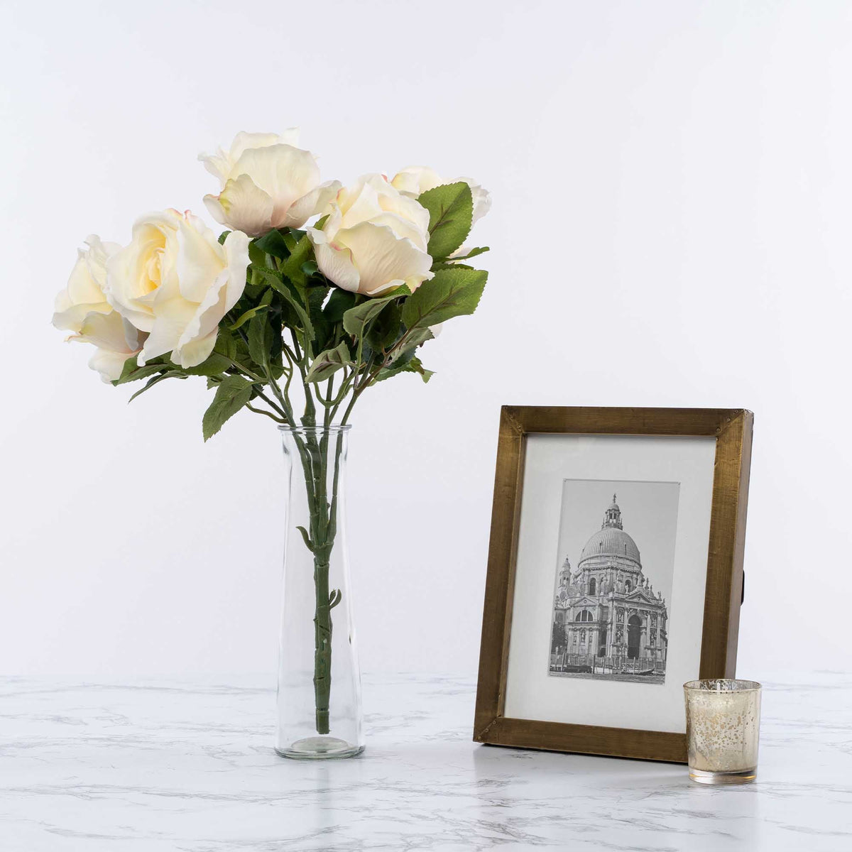 Artificial Cottage Rose Bouquet-Ivory