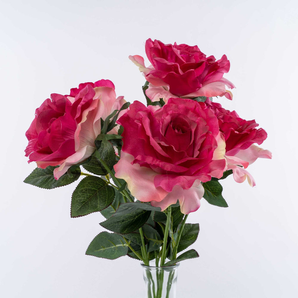 Artificial Full Bloom Rose Bouquet-Fuchsia