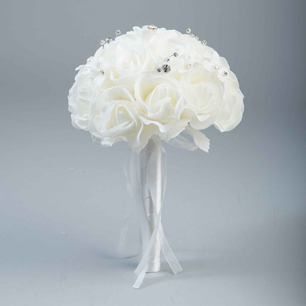 Artificial Foam Rose Bouquet with Rhinestones - White