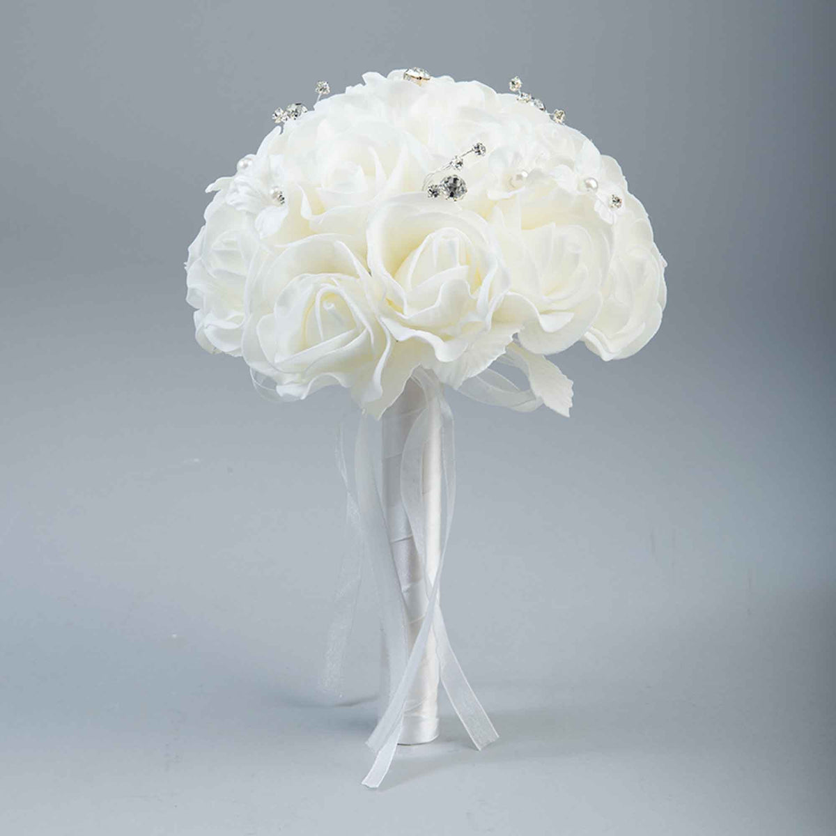 Artificial Foam Rose Bouquet with Rhinestones - White