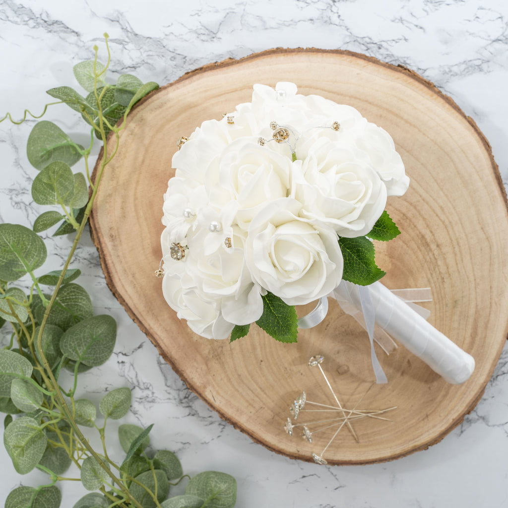 Artificial Foam Rose Bouquet with Rhinestones - White