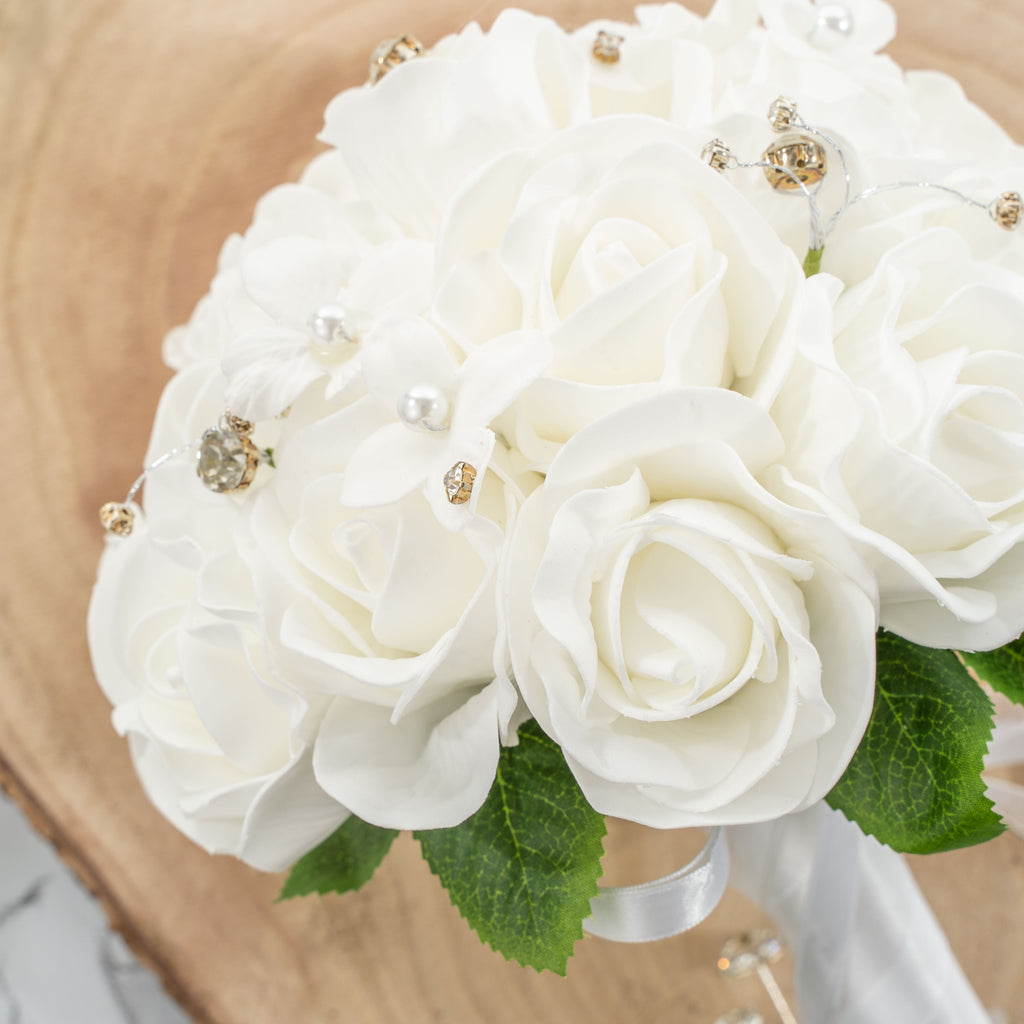Artificial Foam Rose Bouquet with Rhinestones - White