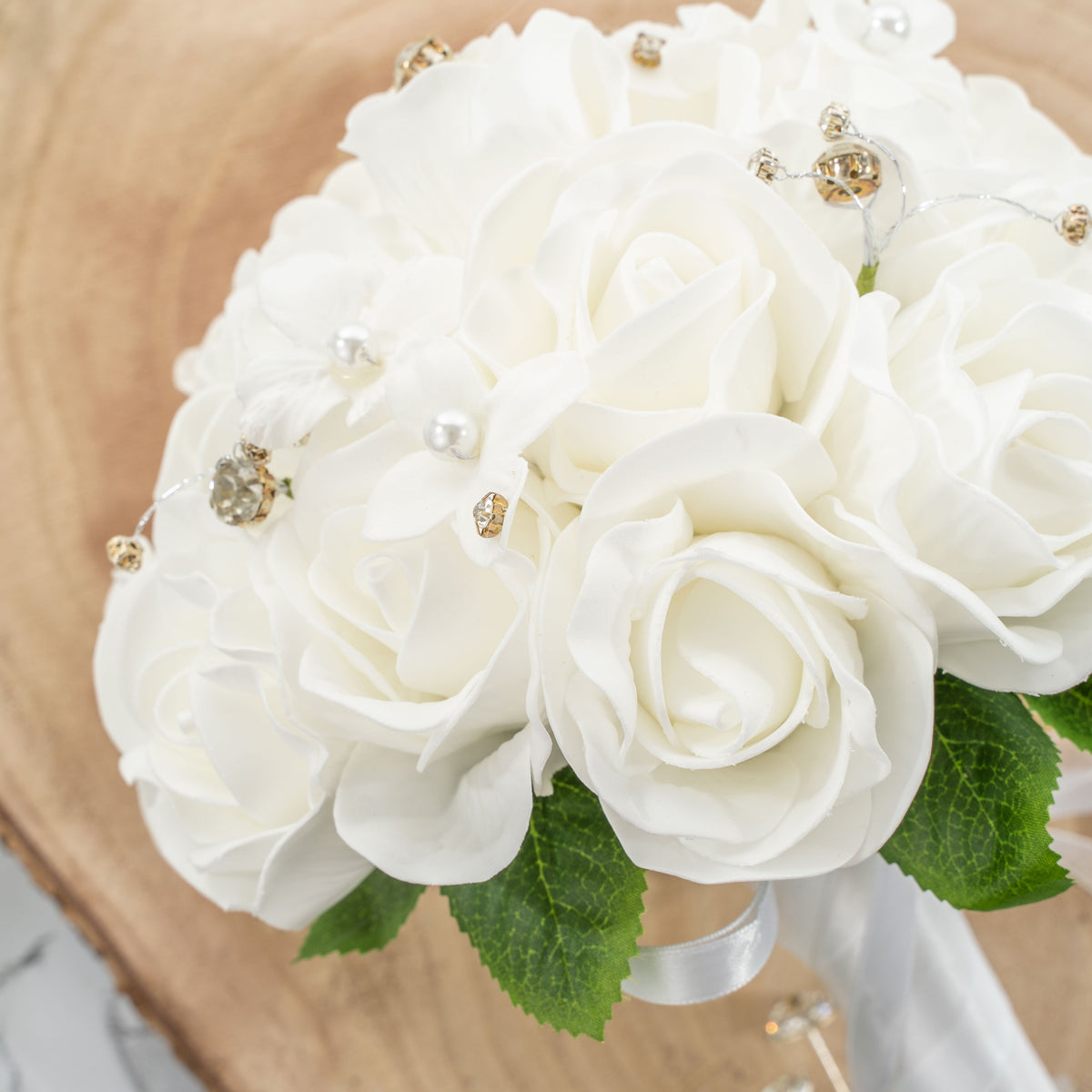 Artificial Foam Rose Bouquet with Rhinestones - White