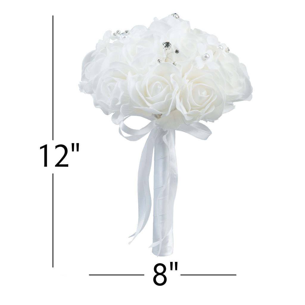 Artificial Foam Rose Bouquet with Rhinestones - White