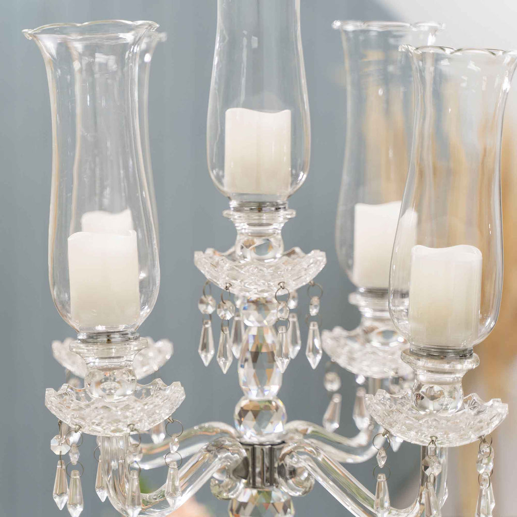 Crystal 5 Arm Candelabra with Glass Hurricane Globes 31"