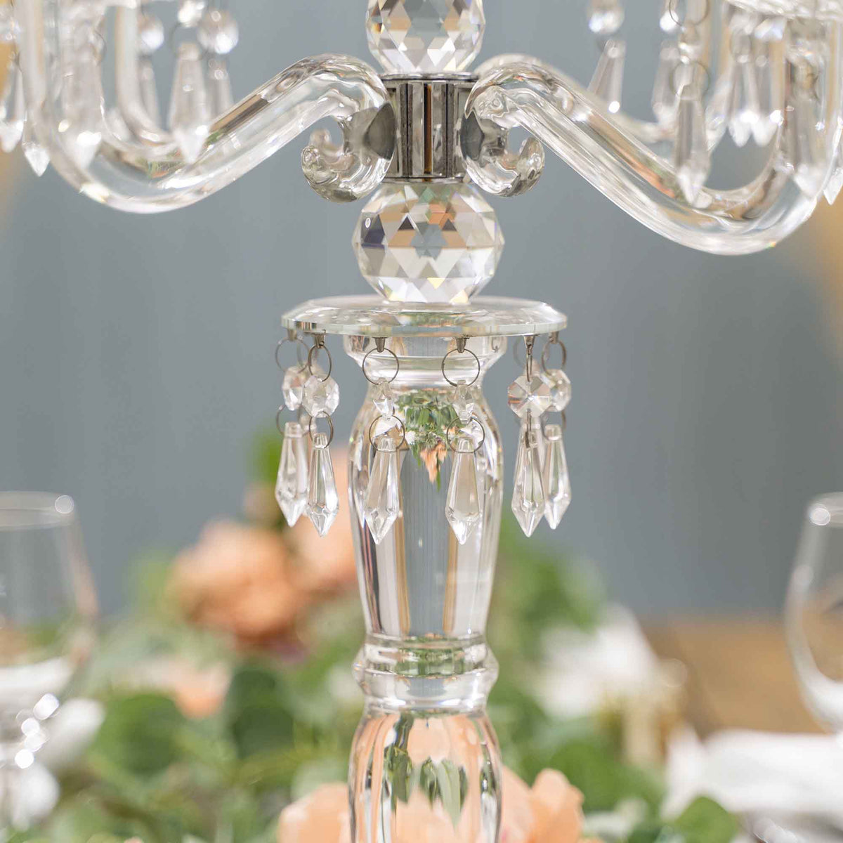 Crystal 5 Arm Candelabra with Glass Hurricane Globes 31"