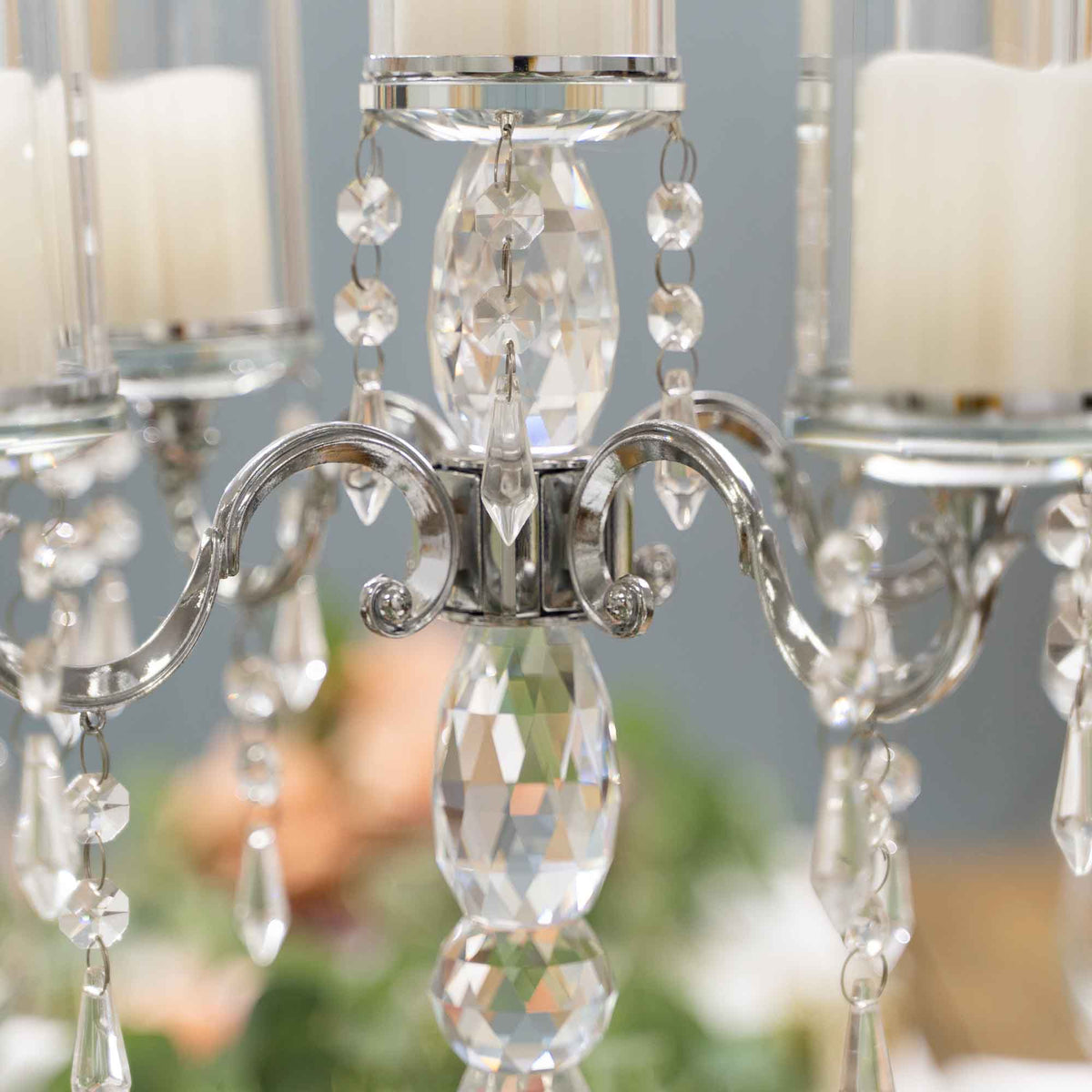 Crystal Candelabra 5 arm with Glass Cylinders 19.5" - Silver