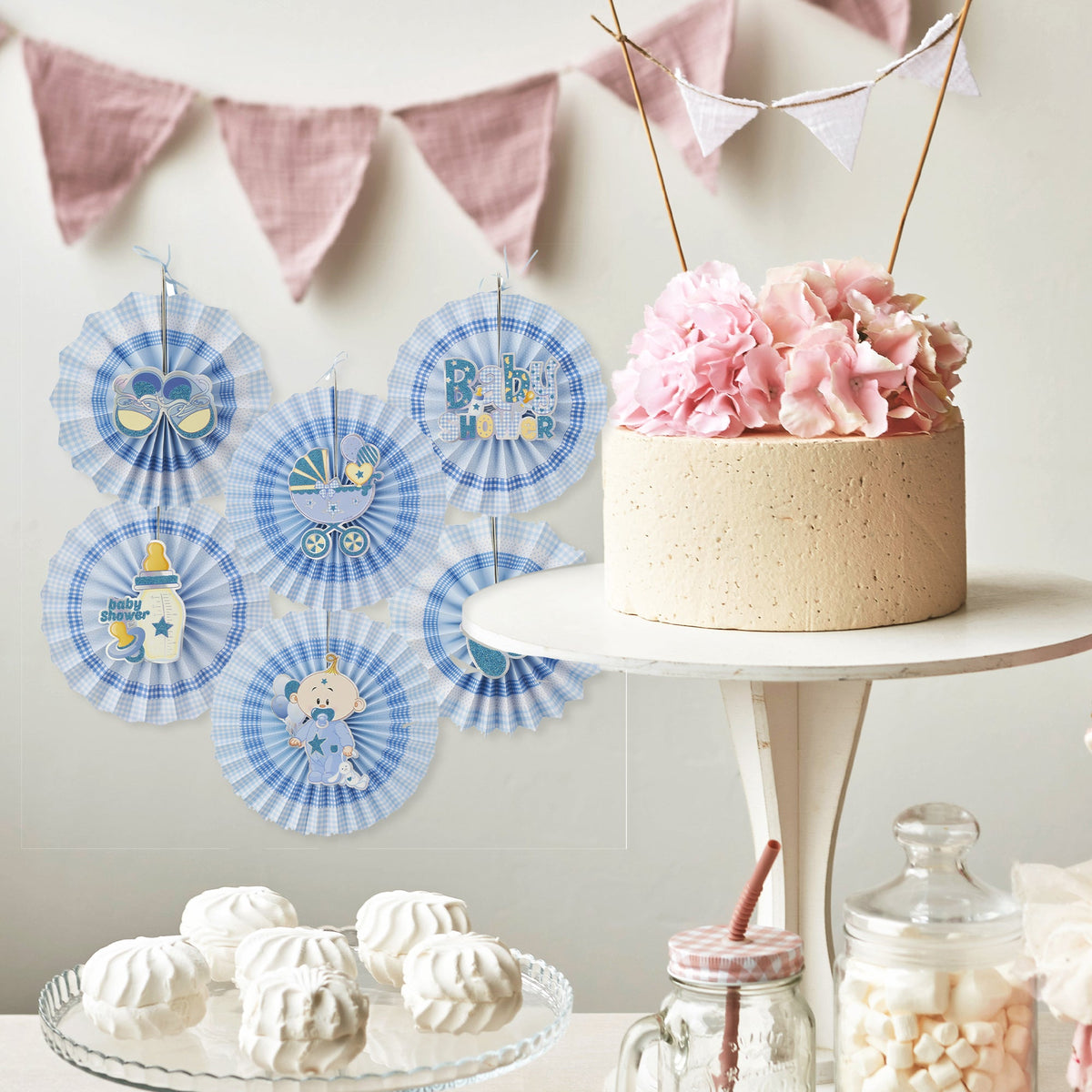 Baby Shower Paper Fan Decoration Set of 6 - Blue