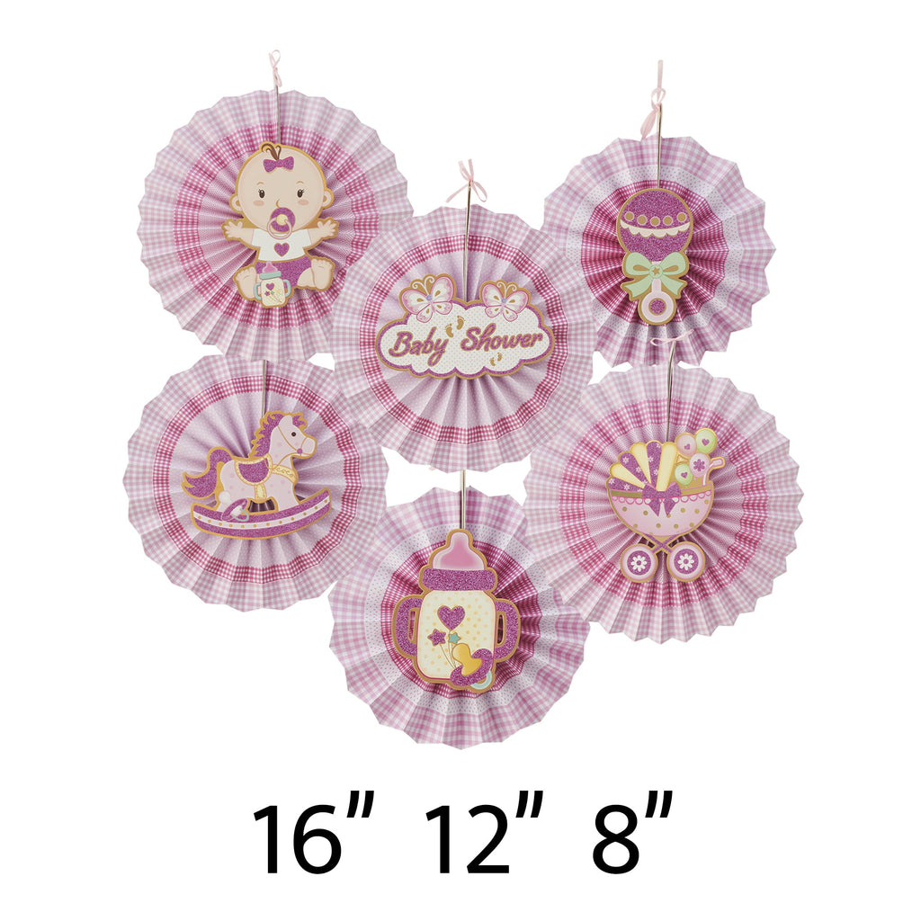 Baby Shower Paper Fan Decoration Set of 6 - Pink