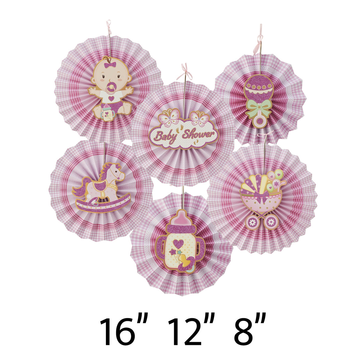 Baby Shower Paper Fan Decoration Set of 6 - Pink