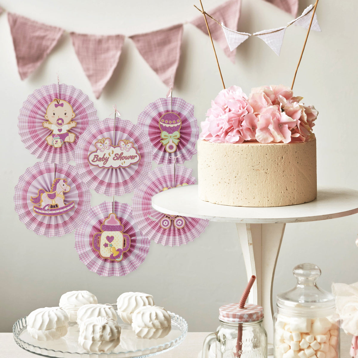 Baby Shower Paper Fan Decoration Set of 6 - Pink