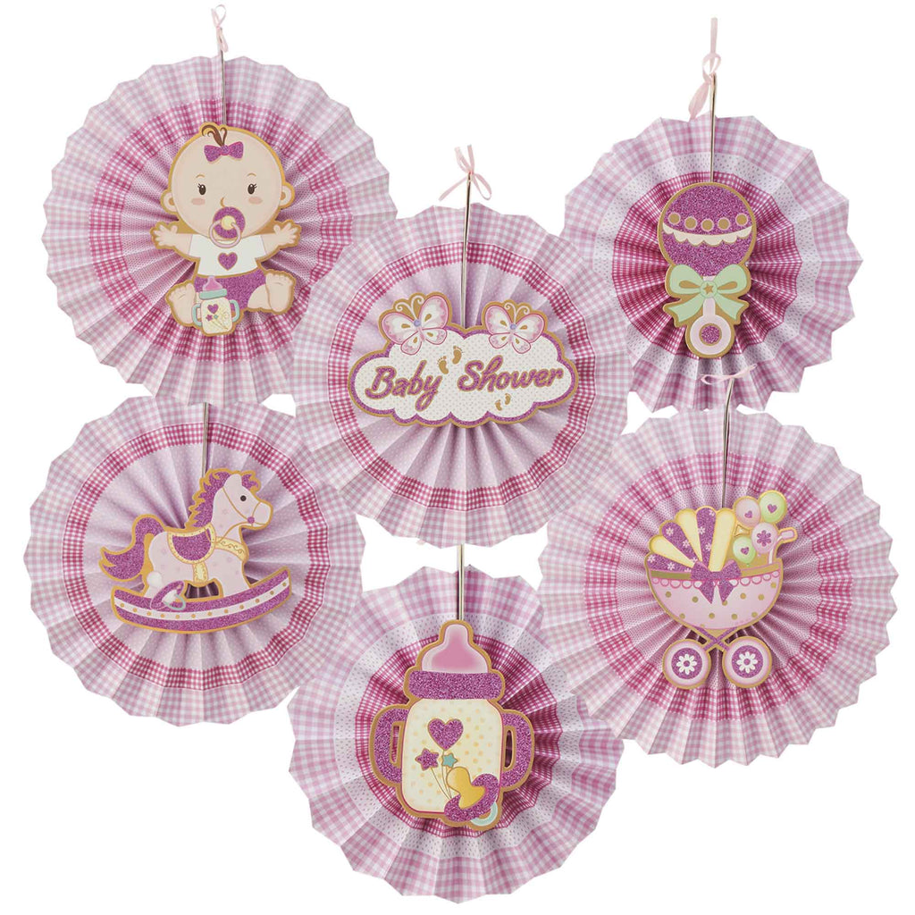 Baby Shower Paper Fan Decoration Set of 6 - Pink