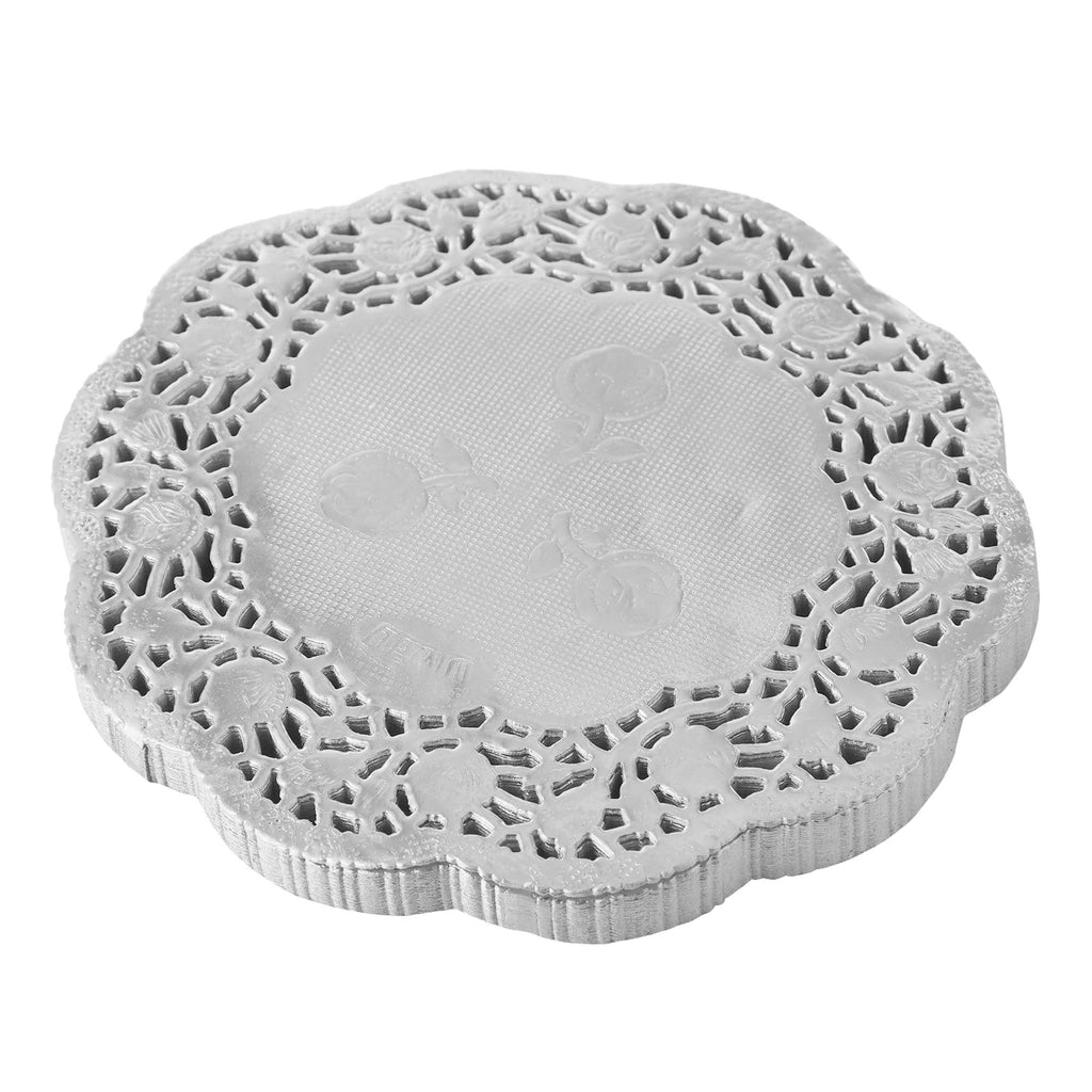 Round Lace Metallic Paper Doilies 8" - Set of 100 - Silver