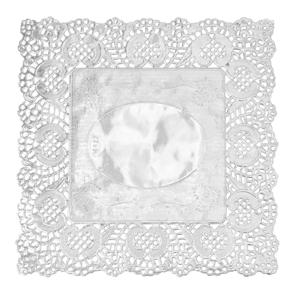 Square Lace Metallic Paper Doilies 10" - Set of 100-Silver