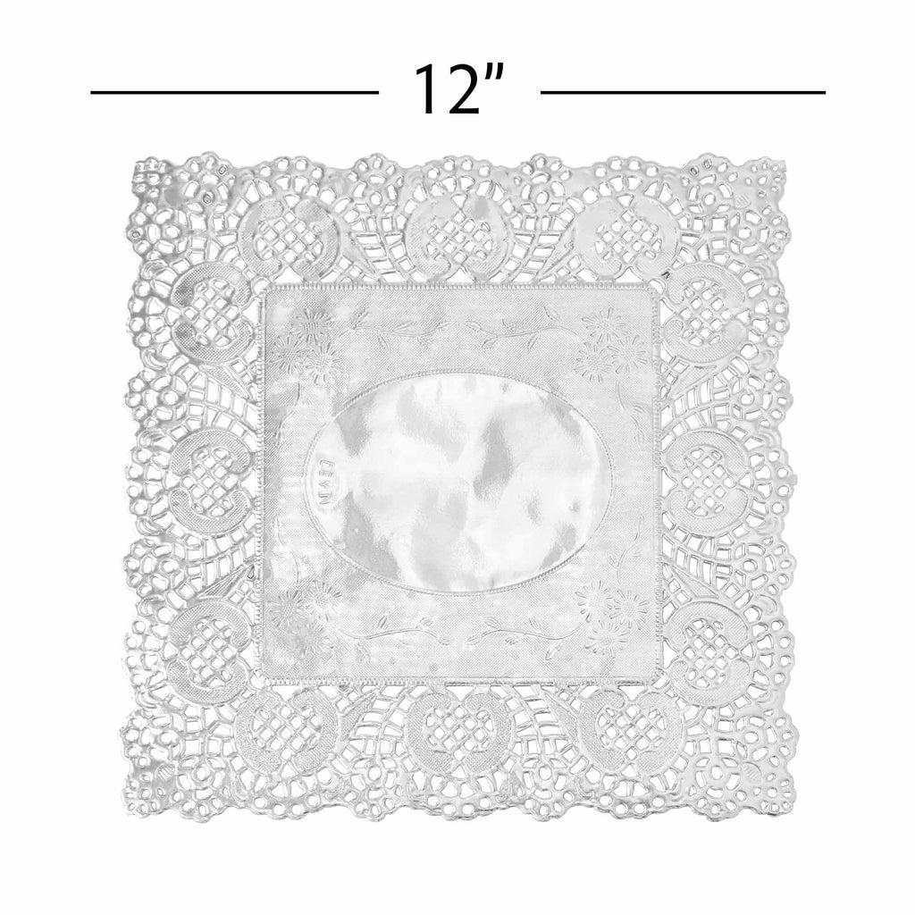 Square Lace Metallic Paper Doilies 12" - Set of 100-Silver