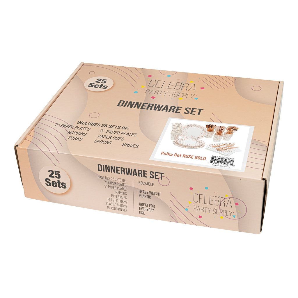 Rose Gold Dot Dinnerware Set - 25 People