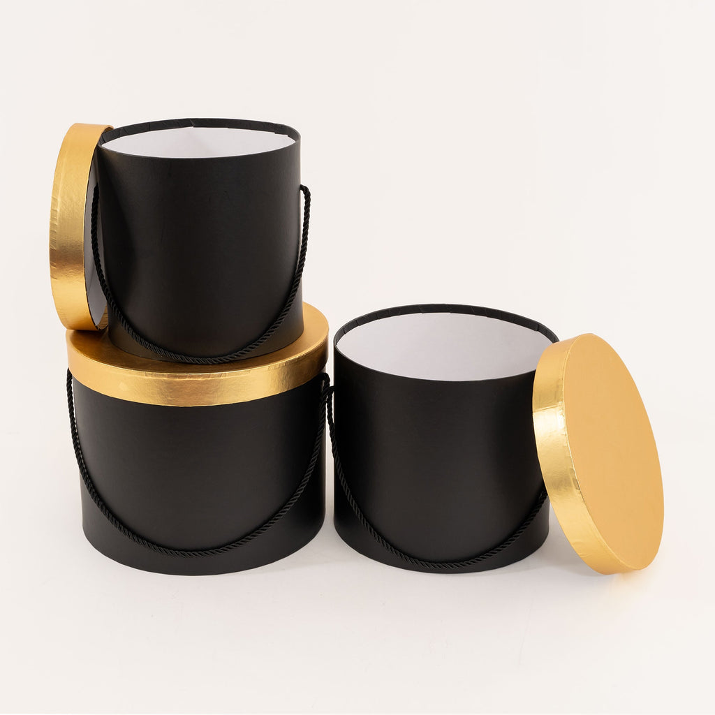 Nested Floral Boxes 3pc/set - Black with Gold Lid