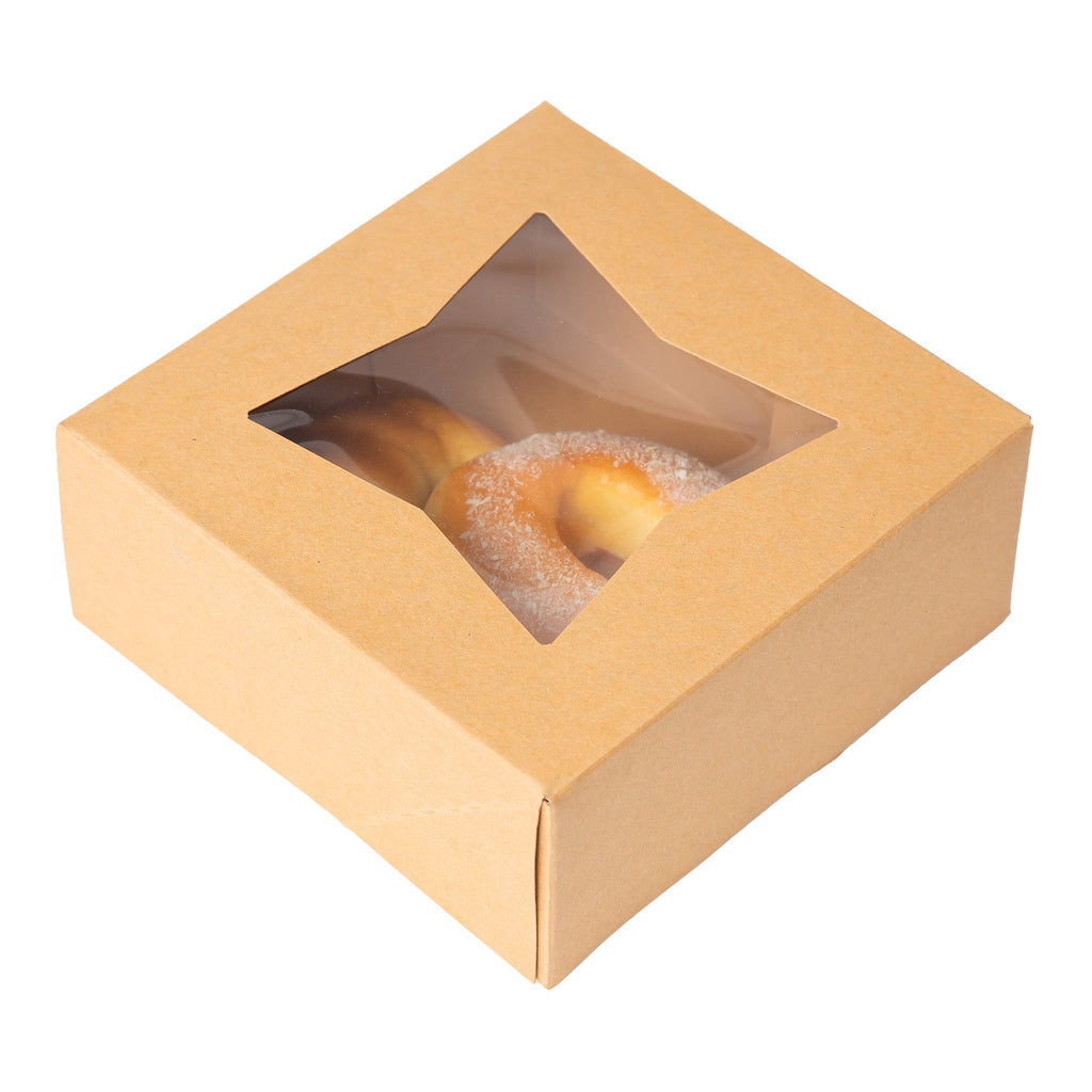 Treat & Pastry Boxes with Window - Brown pack of 25 - 6"L x 6"W x 2 ½"H