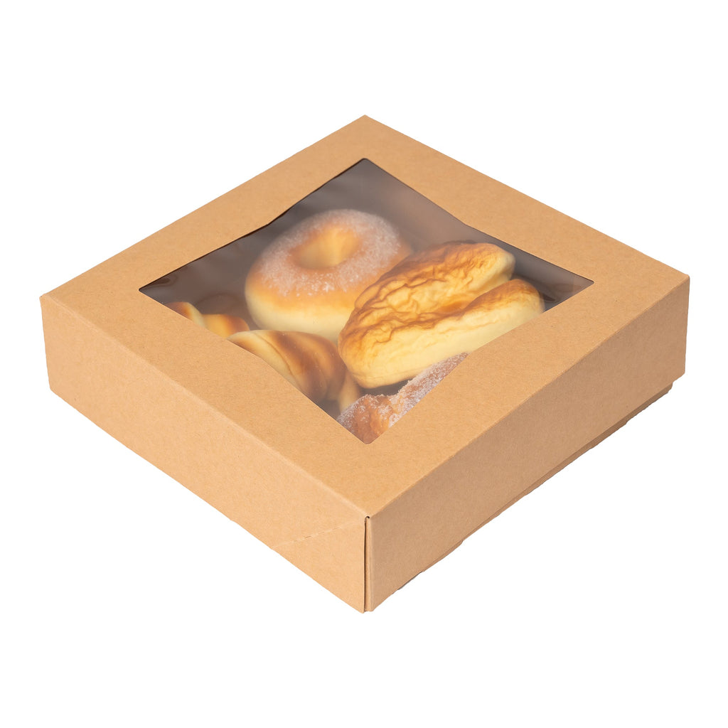 Treat & Pastry Boxes with Window - Brown pack of 20 - 10"L x 10"W x 2 ½"H