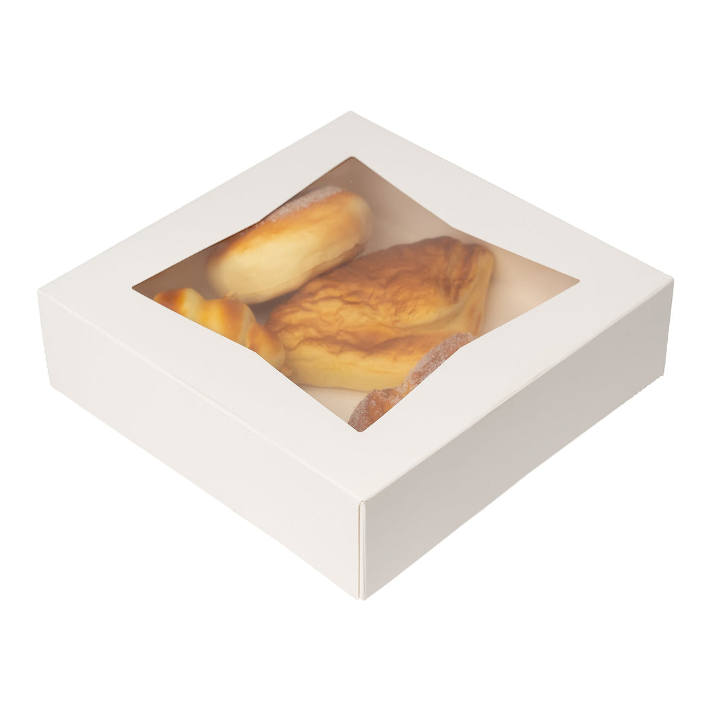 Treat & Pastry Boxes with Window - White pack of 25 - 9"L x 9"W x 2 ½"H