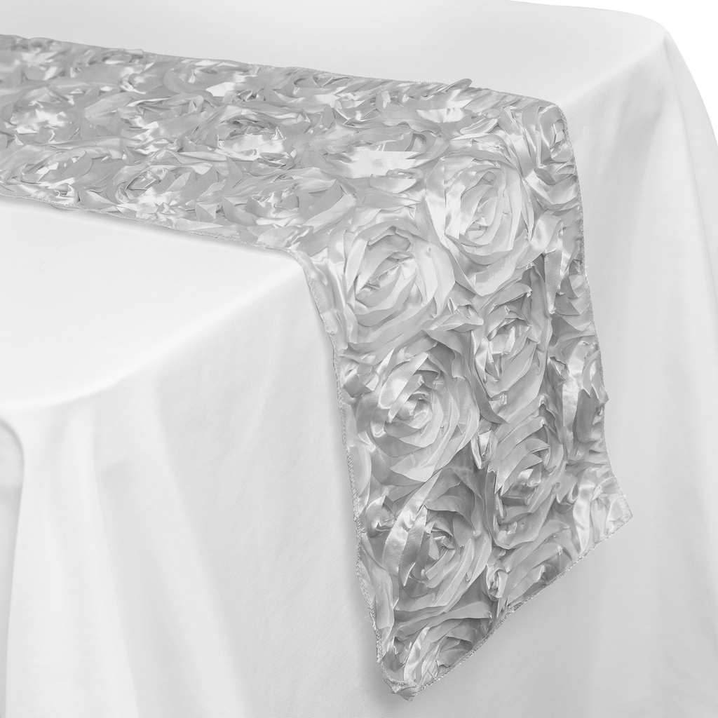 Satin Rosette Table Runner - 108 inches - Silver