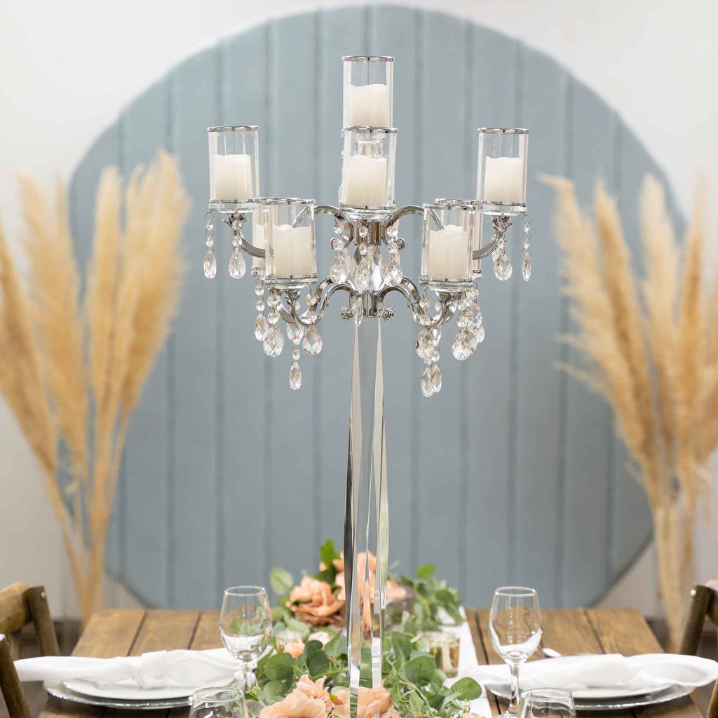 Crystal Candelabra 8 arm with Glass Cylinders  38" -  Silver