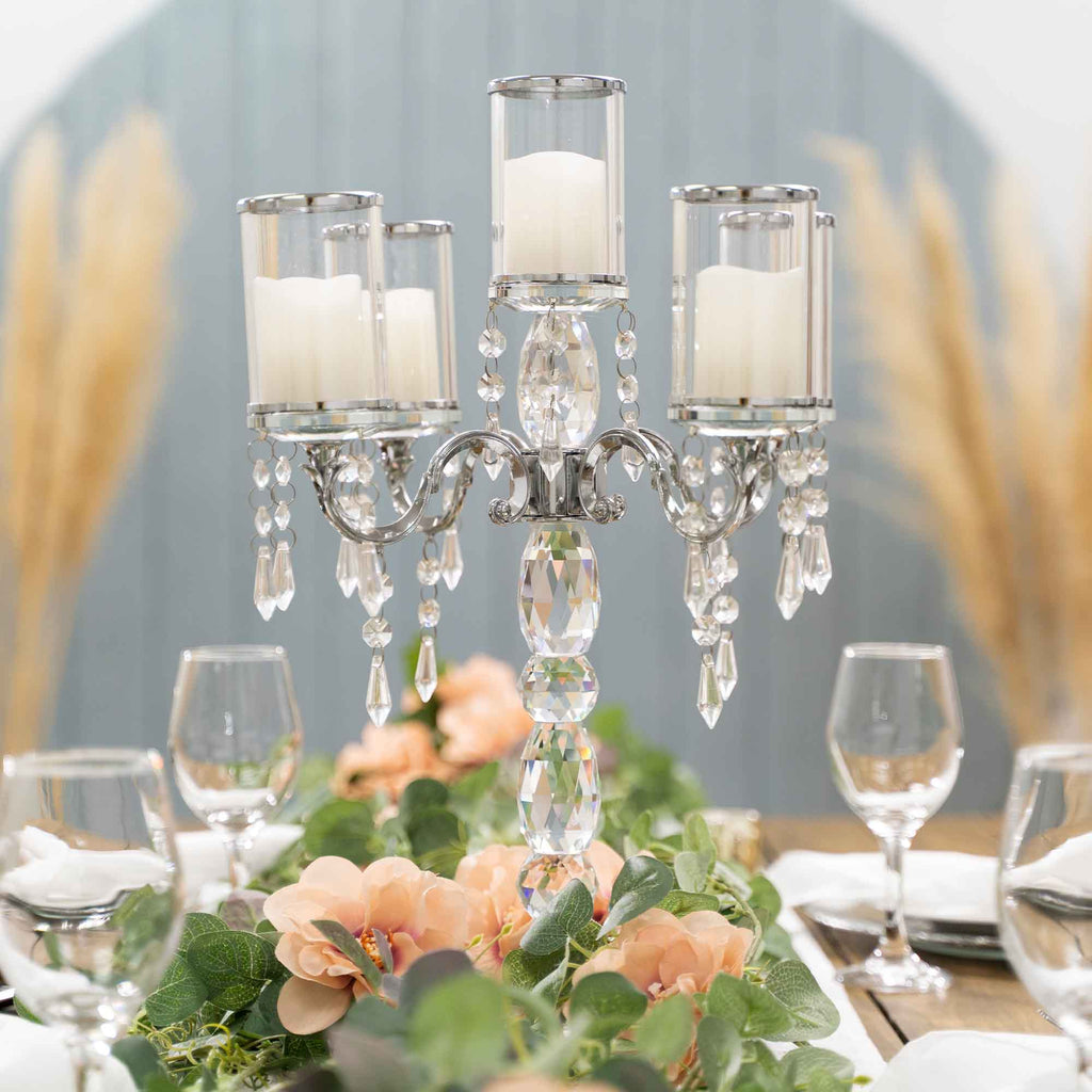 Crystal Candelabra 5 arm with Glass Cylinders 19.5" - Silver