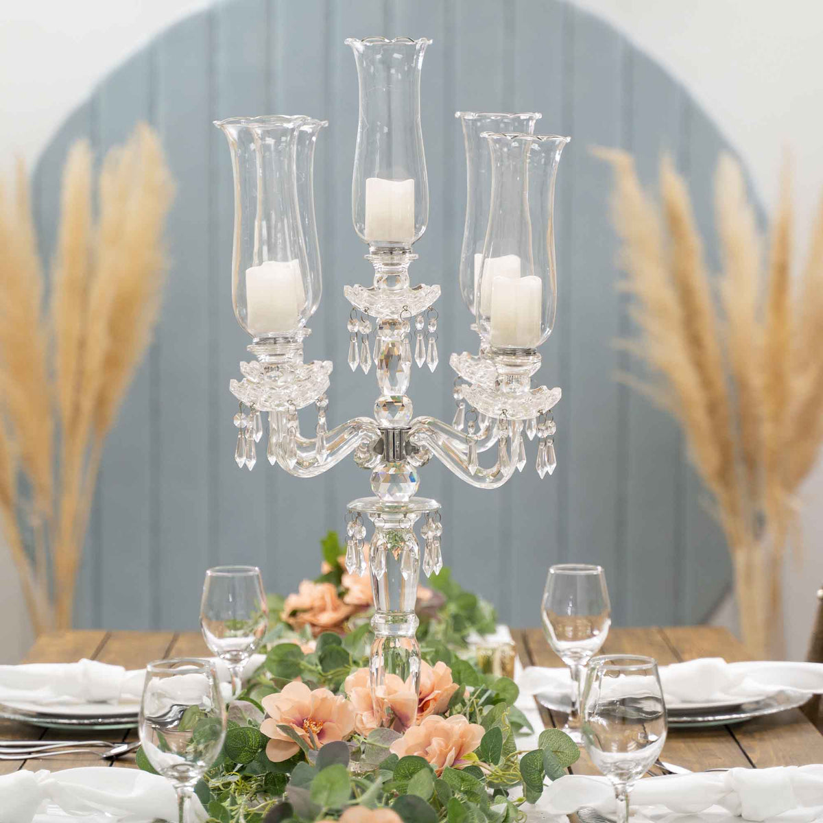 Crystal 5 Arm Candelabra with Glass Hurricane Globes 31"