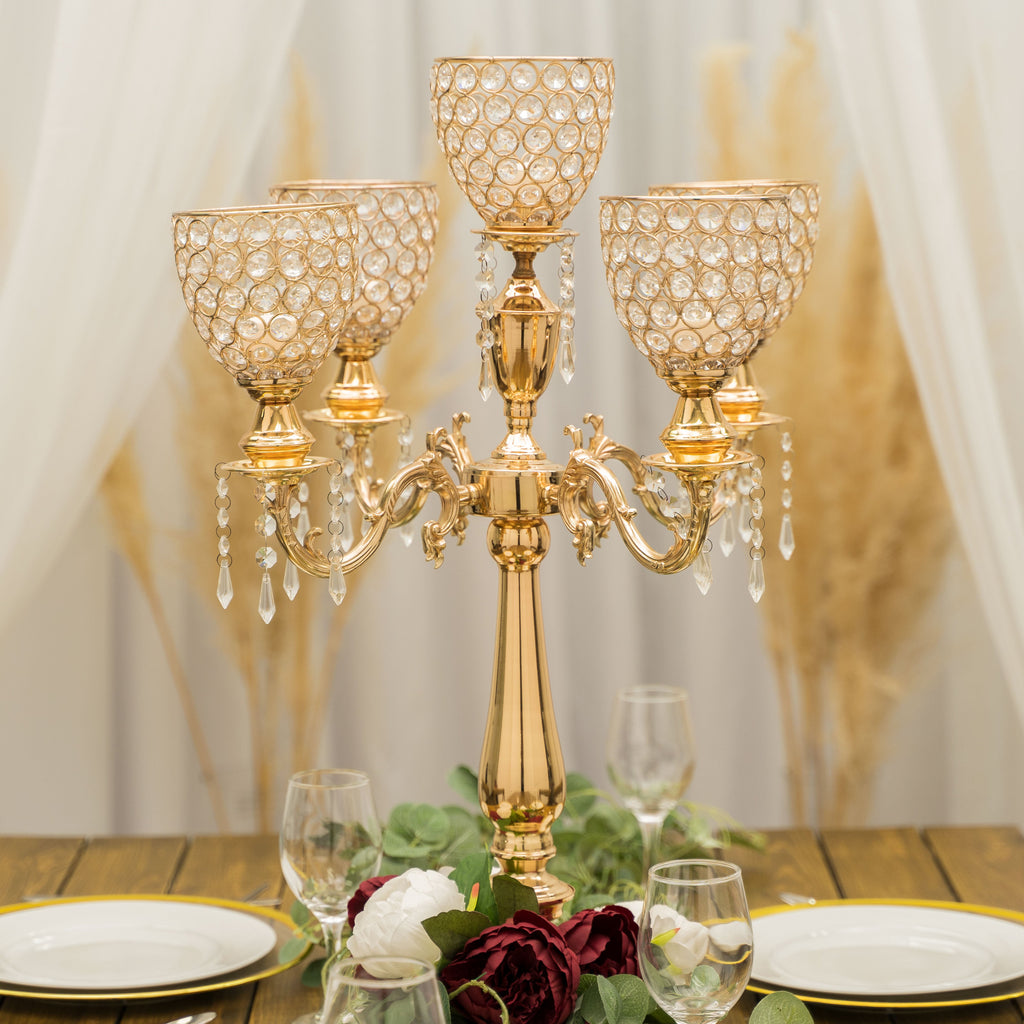 Crystal Candelabra Globe Seville, Five Arm 30"- Gold