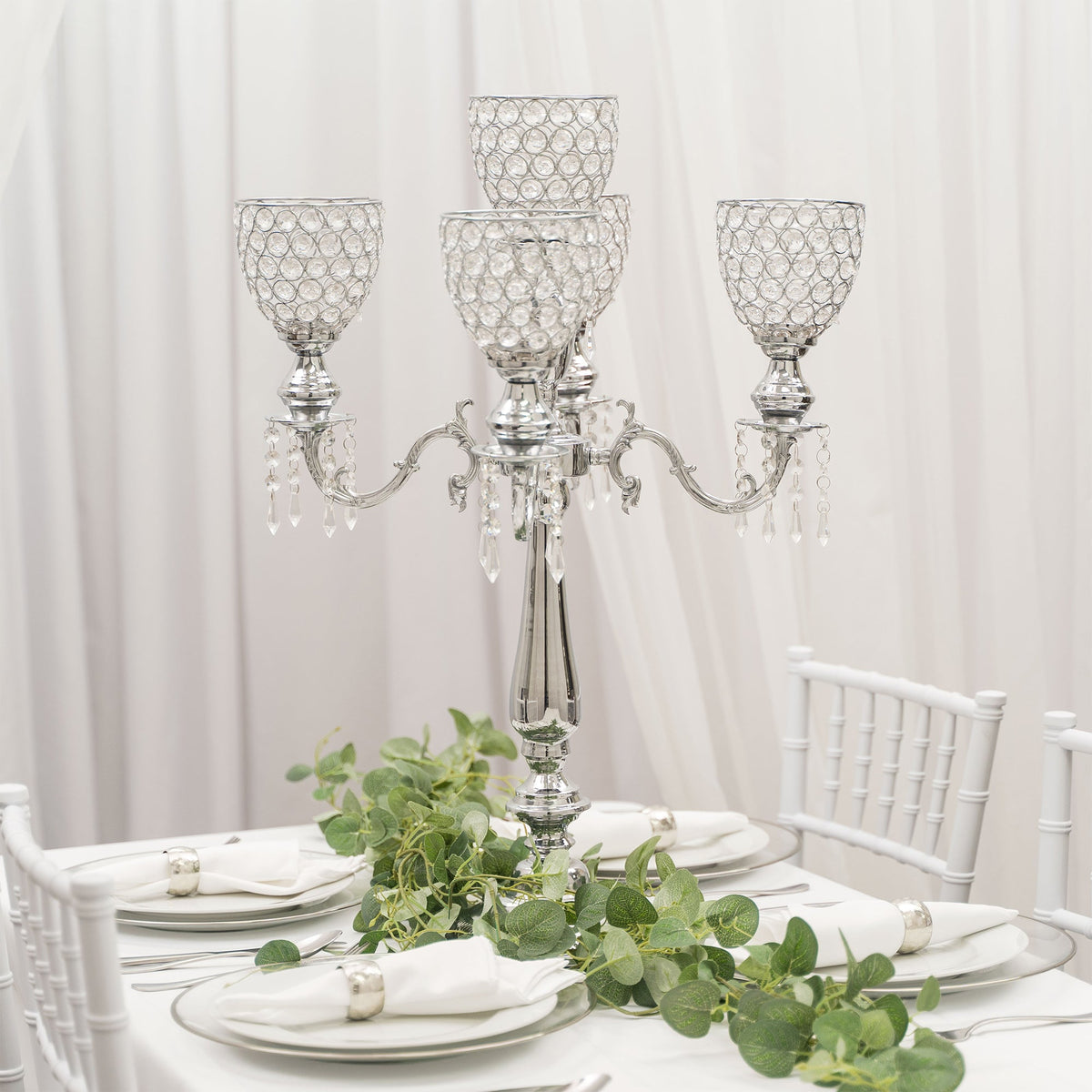 Crystal Candelabra Globe Seville, Five Arm 30"- Silver