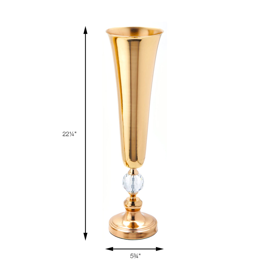 Metal Trumpet Floral Vase with Crystal - Gold