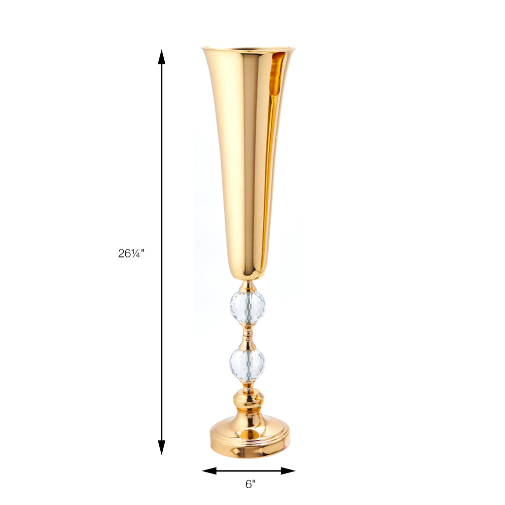 Metal Trumpet Floral Vase with Two Crystals 26.25" - Gold