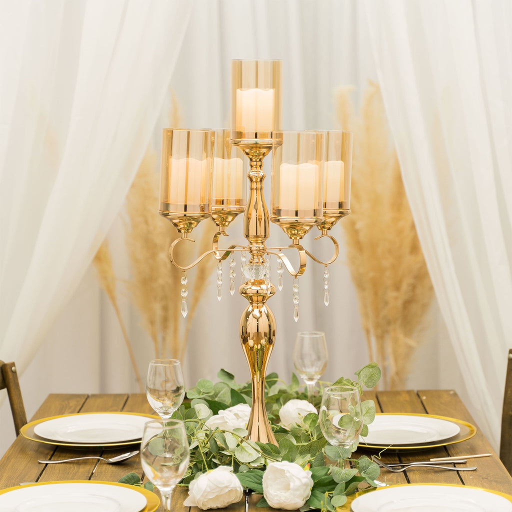 5 Arm Metal Cylinder Candelabra 31" - Gold