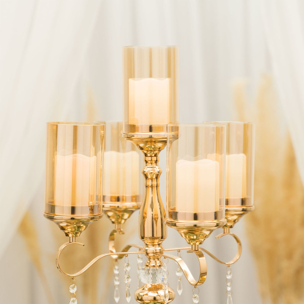 5 Arm Metal Cylinder Candelabra 31" - Gold