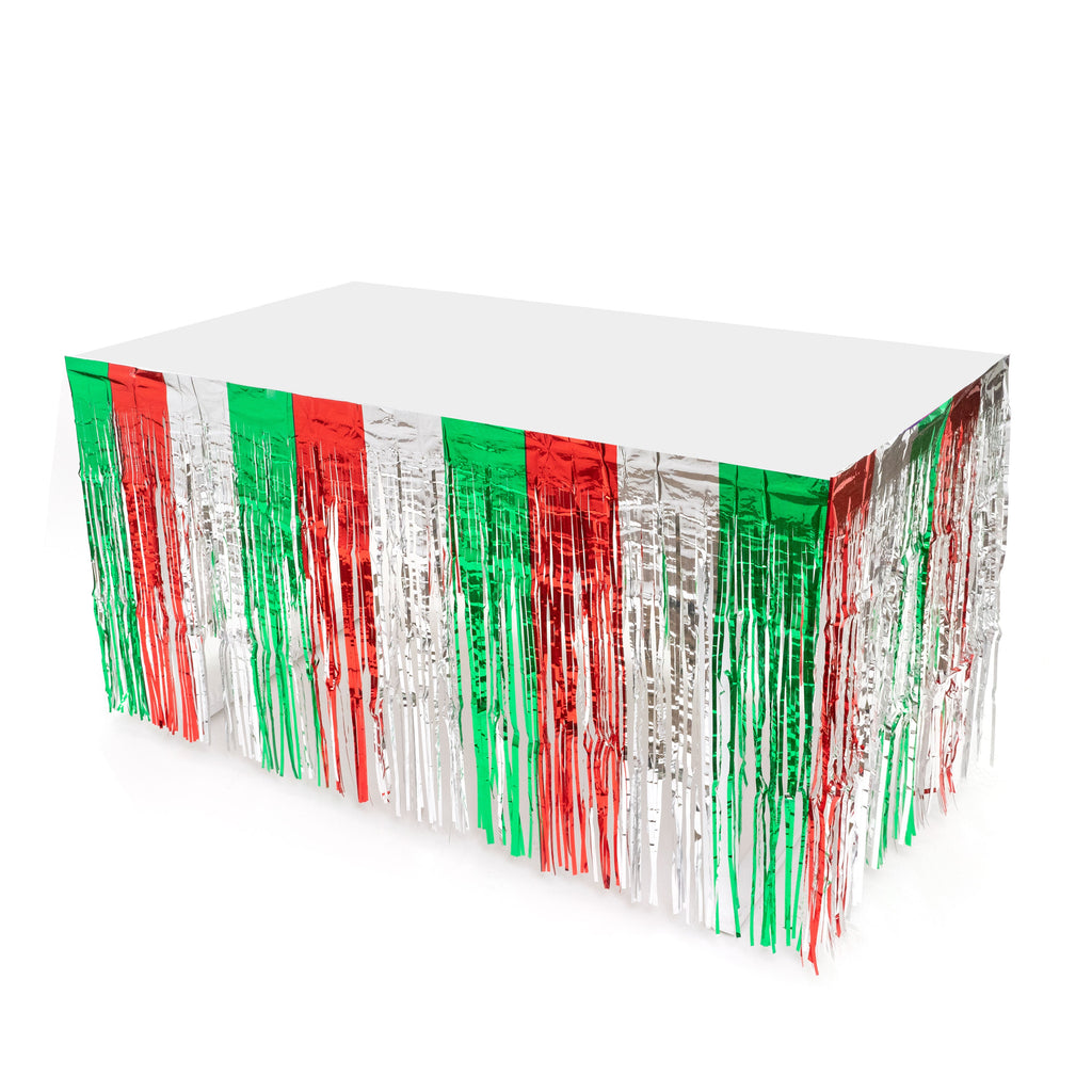 Metallic Fringe Table Skirt - Green, Red, Silver