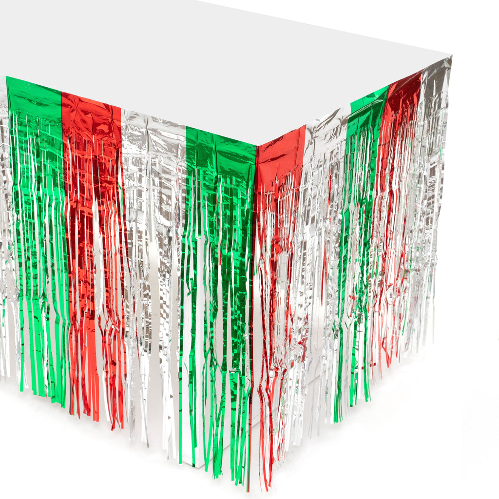Metallic Fringe Table Skirt - Green, Red, Silver