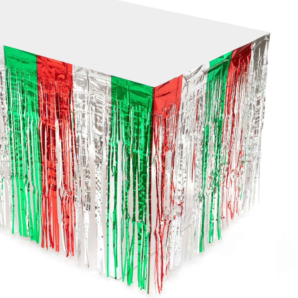 Metallic Fringe Table Skirt - Green, Red, Silver