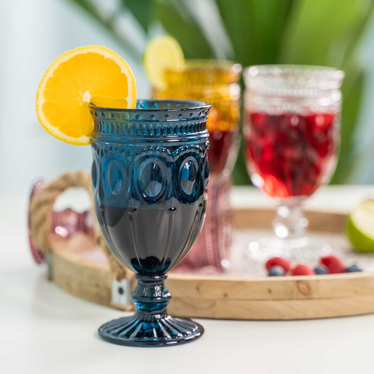Vintage Embossed Glass Goblet - Navy